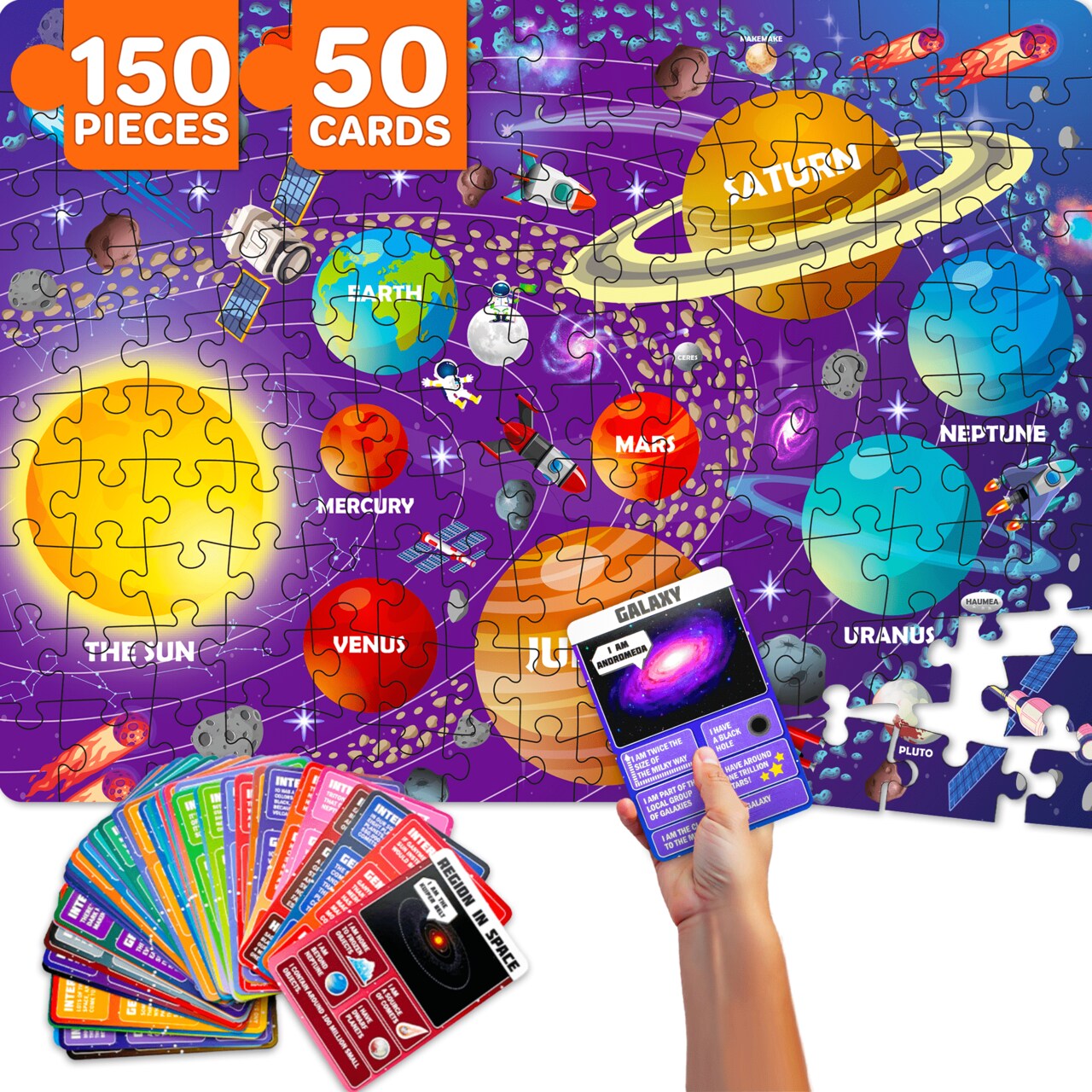 QUOKKA Puzzles for Kids Ages 8-10 - 150 Pcs Jigsaw Puzzles for 6-8 Year Olds - 400+ Facts on 50 Double-Sided Flashcards | Learn Space | Education Activity Gift - Shaped Puzzles for Toddlers 4-6